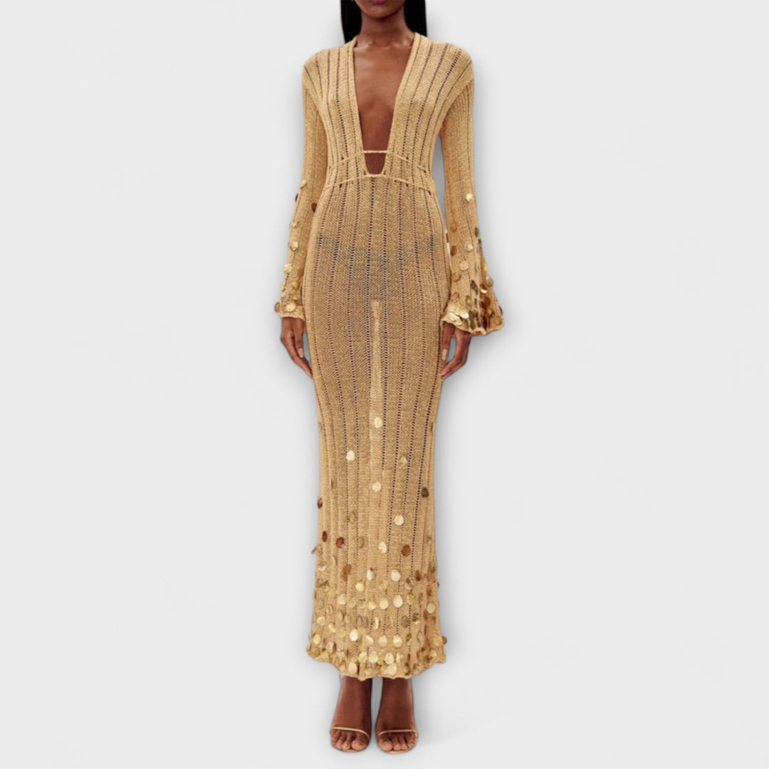 Kathleen - Robe longue en tricot doré de Dolly