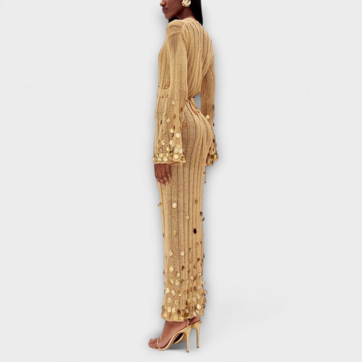 Kathleen - Robe longue en tricot doré de Dolly