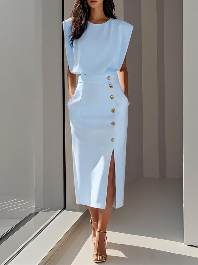 Malene™ | Robe midi unie avec fente à boutons et décolleté arrondi