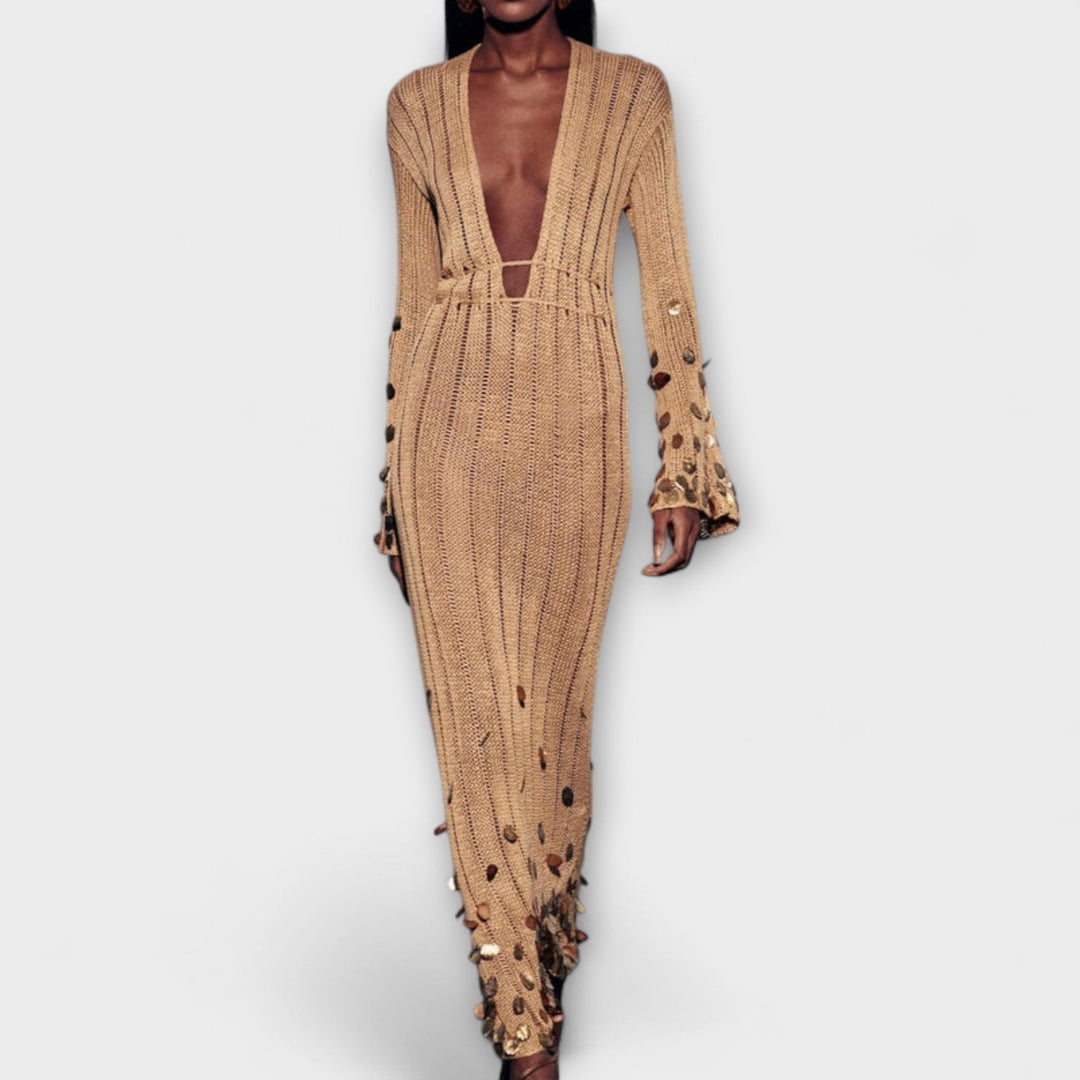 Kathleen - Robe longue en tricot doré de Dolly