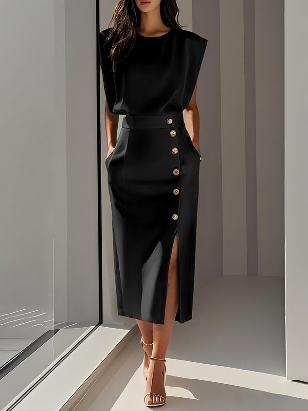 Malene™ | Robe midi unie avec fente à boutons et décolleté arrondi