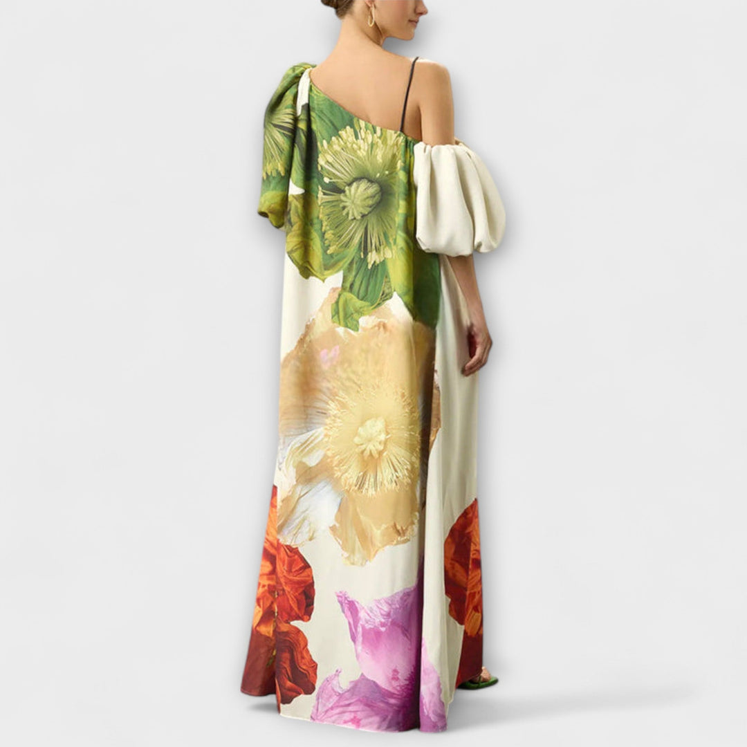 Skylar - Maxi robe à imprimé floral, décolleté asymétrique et manches bouffantes