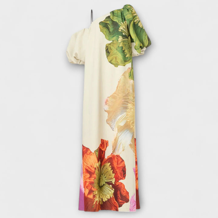 Skylar - Maxi robe à imprimé floral, décolleté asymétrique et manches bouffantes