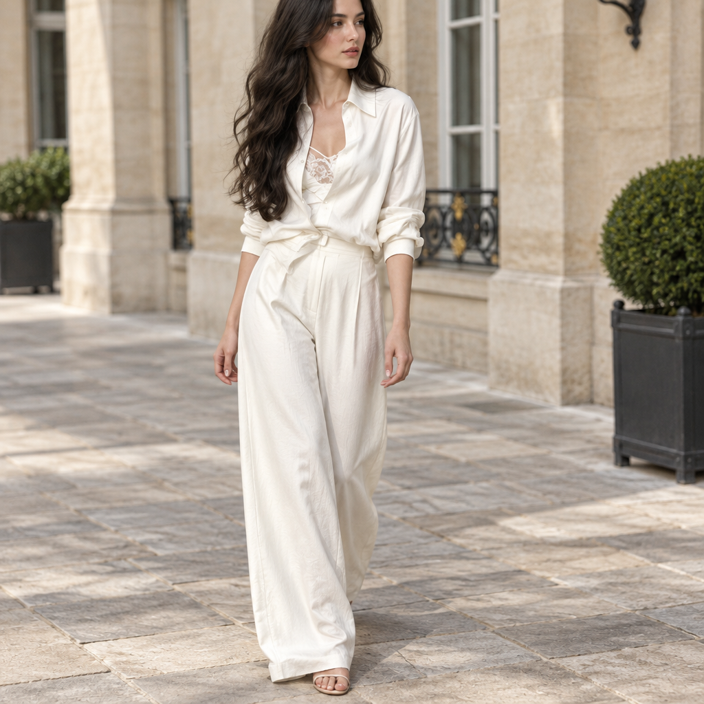 Model wearing the Chloé lace camisole set in a Parisian courtyard