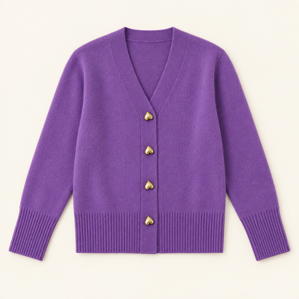 Ciara Purple heart-button cardigan flat lay