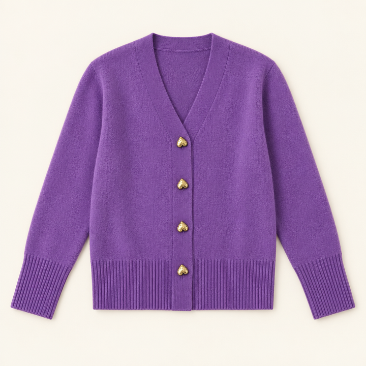 Ciara Purple heart-button cardigan flat lay