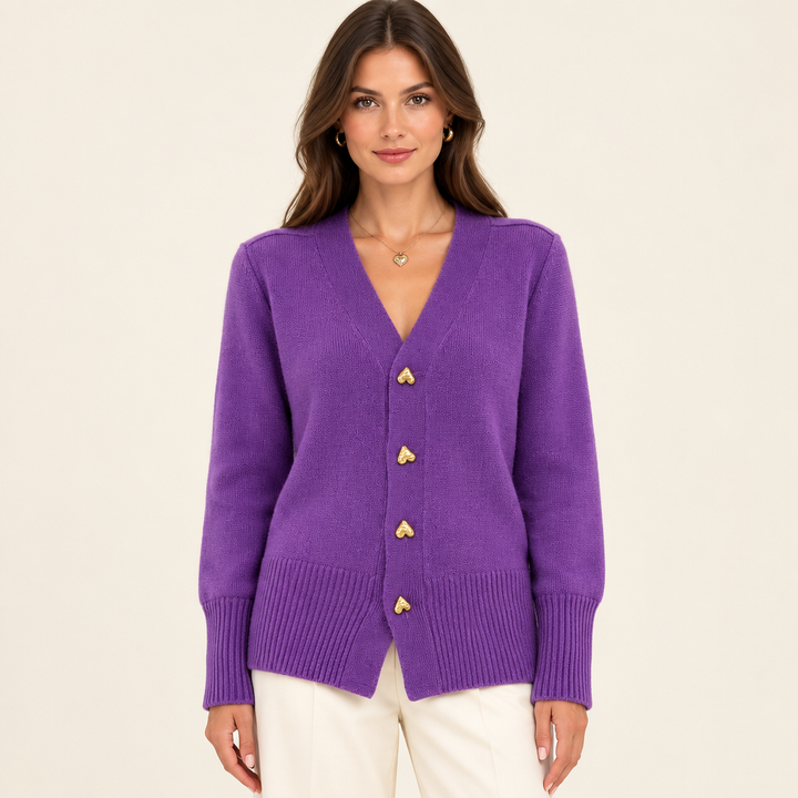 Ciara Purple heart-button cardigan on model