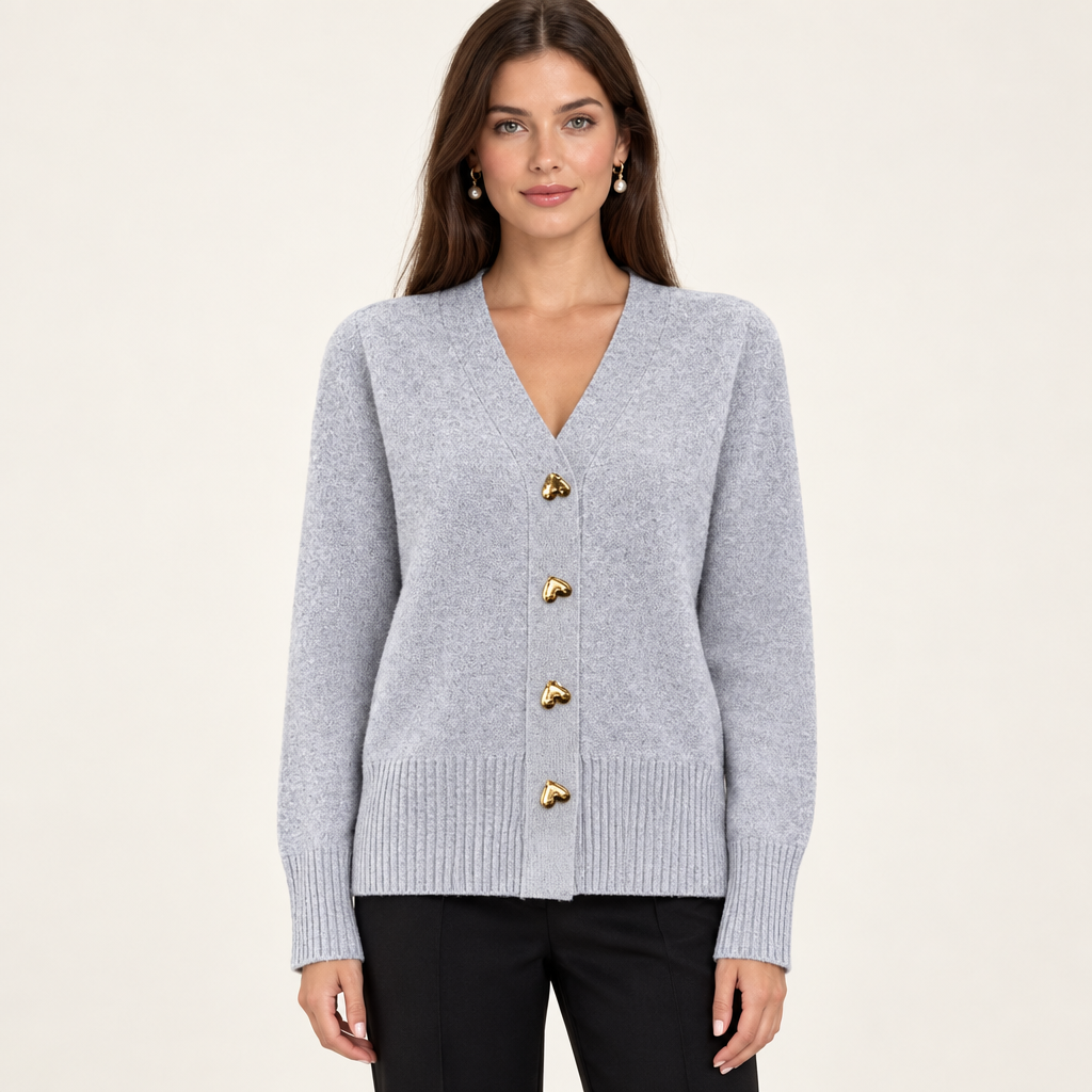 Ciara Gray heart-button cardigan on model