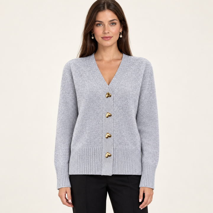 Ciara Gray heart-button cardigan on model