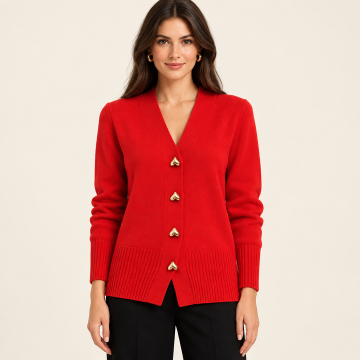Ciara Red heart-button cardigan on model