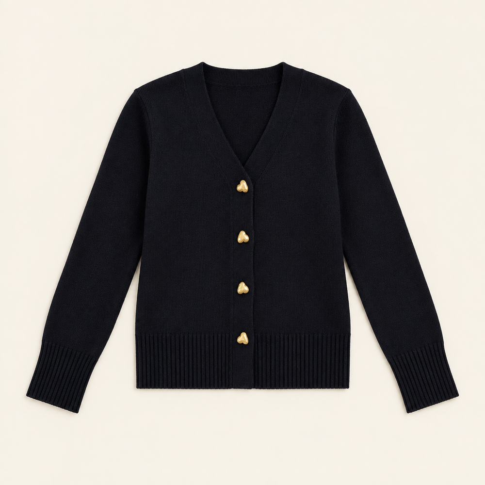 Ciara Black heart-button cardigan flat lay