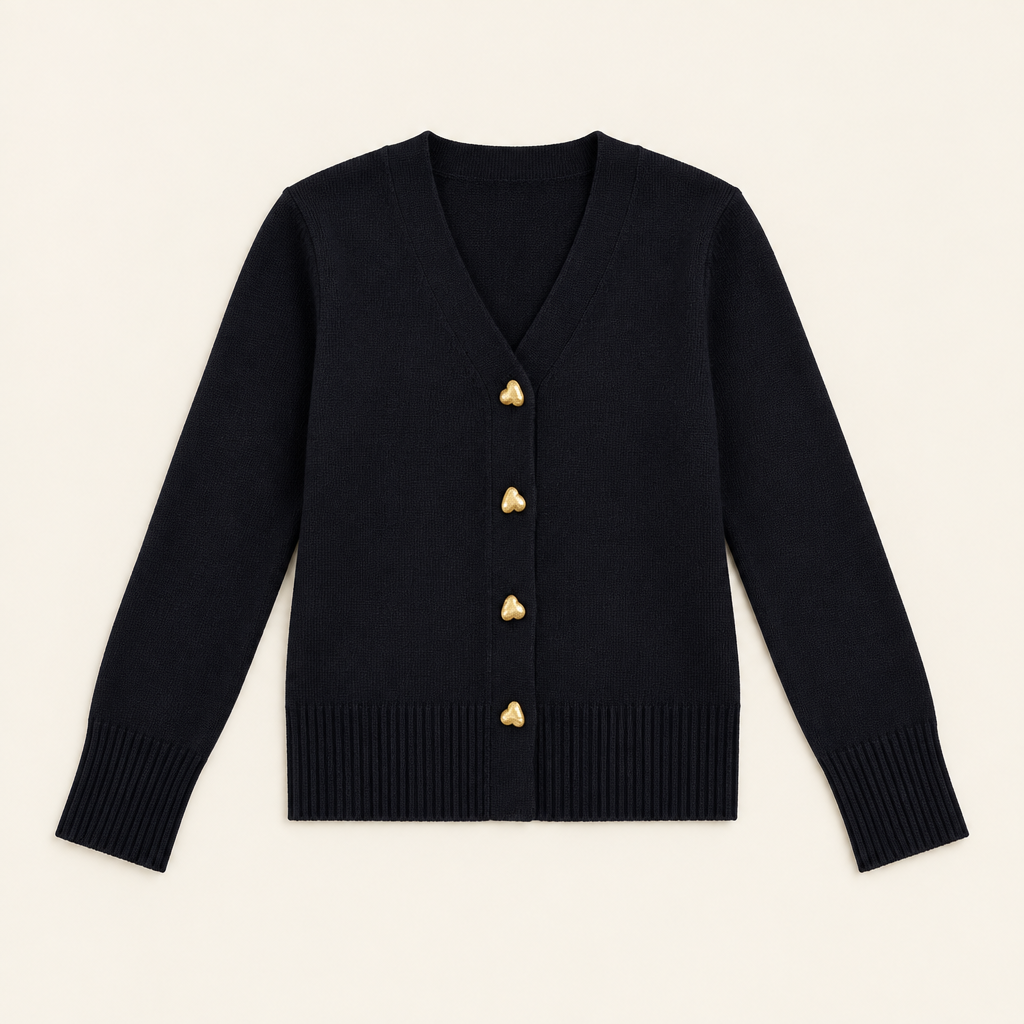 Ciara Black heart-button cardigan flat lay
