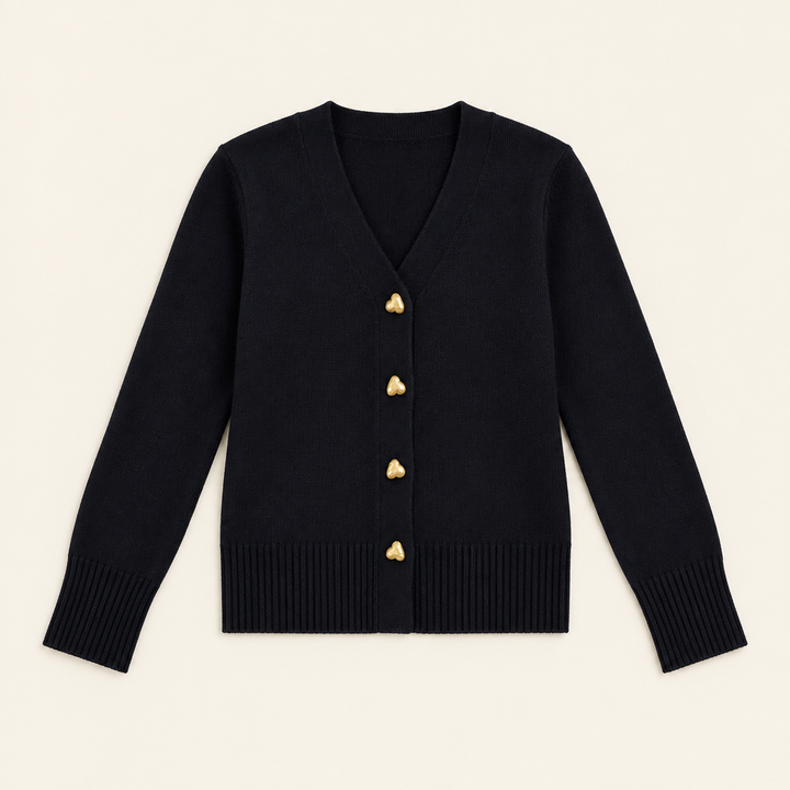 Ciara Black heart-button cardigan flat lay