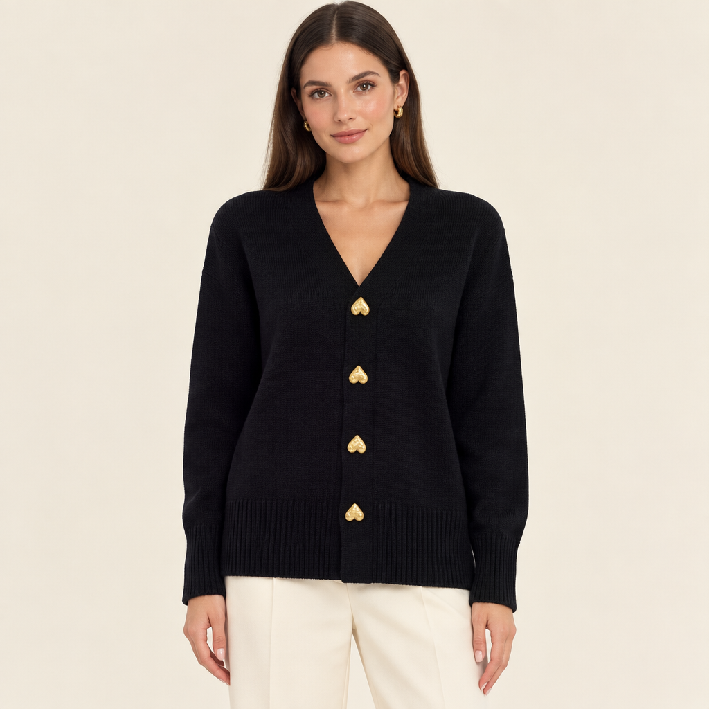 Ciara Black heart-button cardigan on model