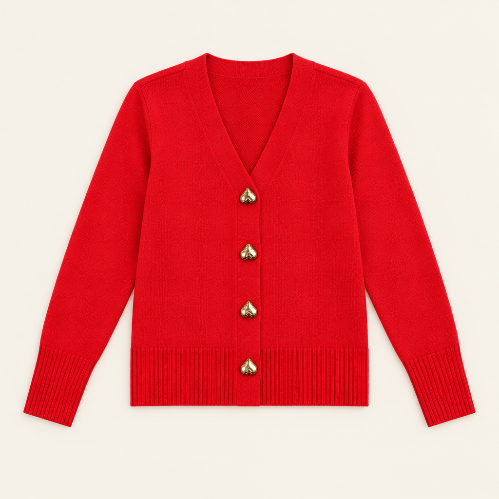 Ciara Red heart-button cardigan flat lay
