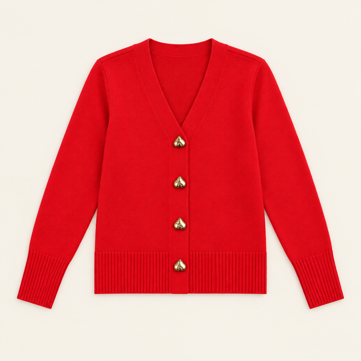 Ciara Red heart-button cardigan flat lay