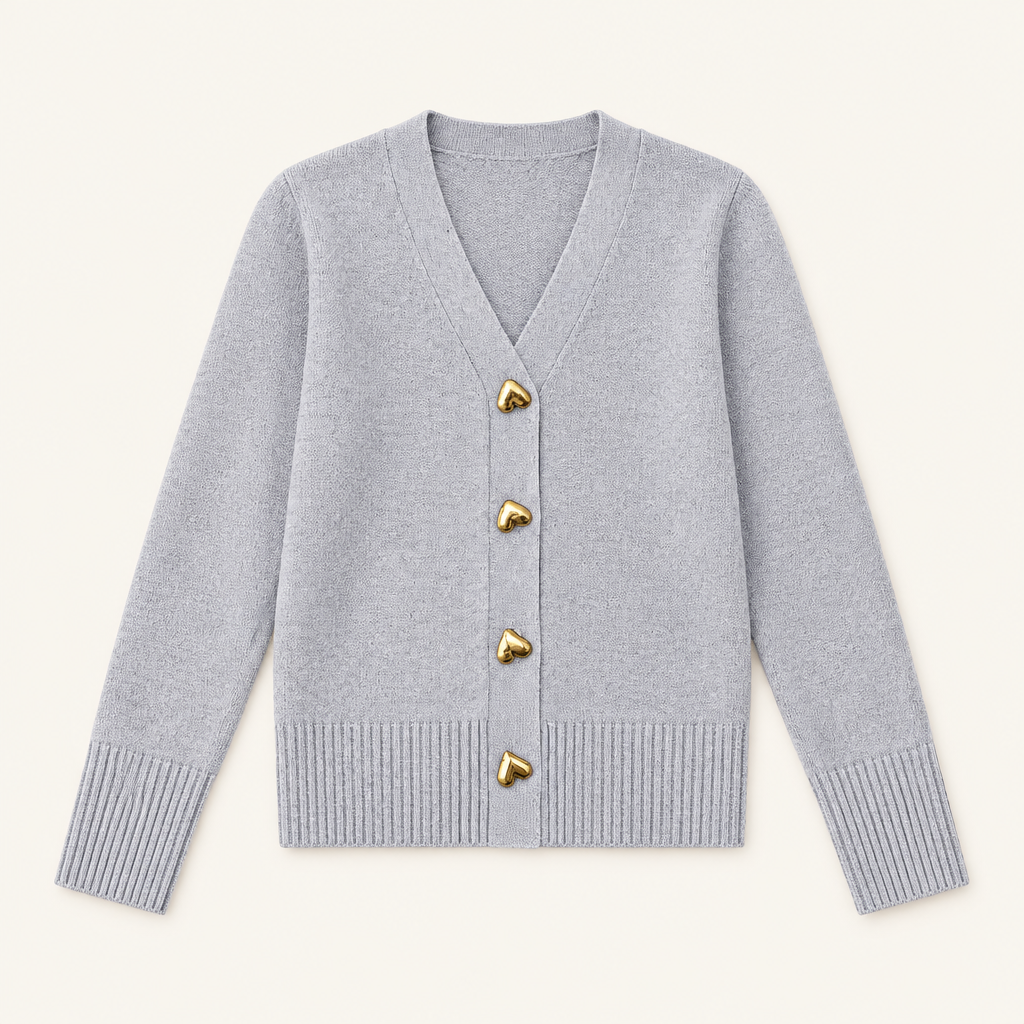 Ciara Gray heart-button cardigan flat lay