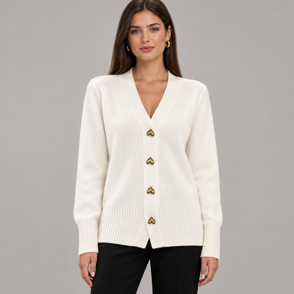 Ciara Beige heart-button cardigan on model