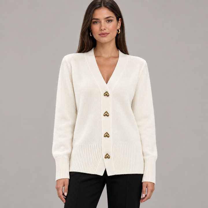 Ciara Beige heart-button cardigan on model