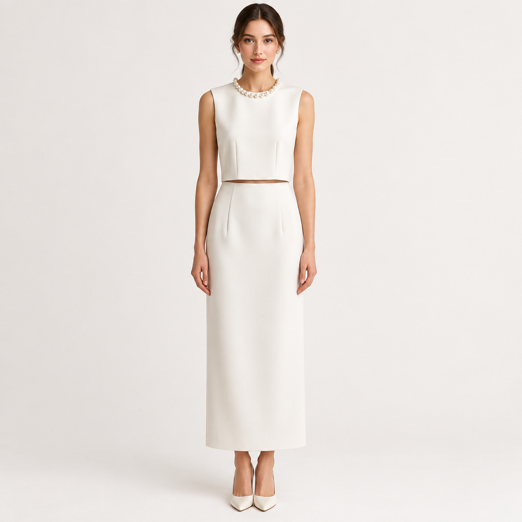 Front studio view of white sleeveless top and long skirt on model