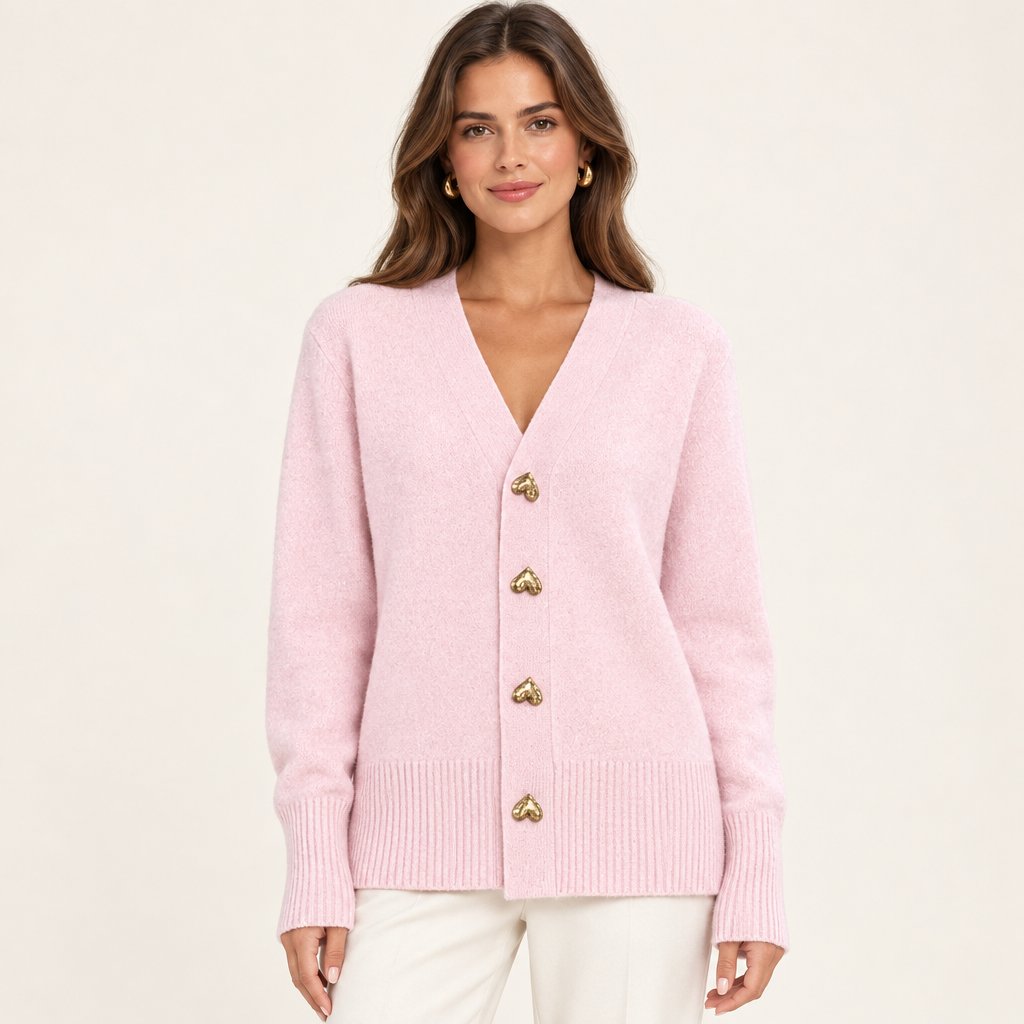 Ciara Pink heart-button cardigan on model