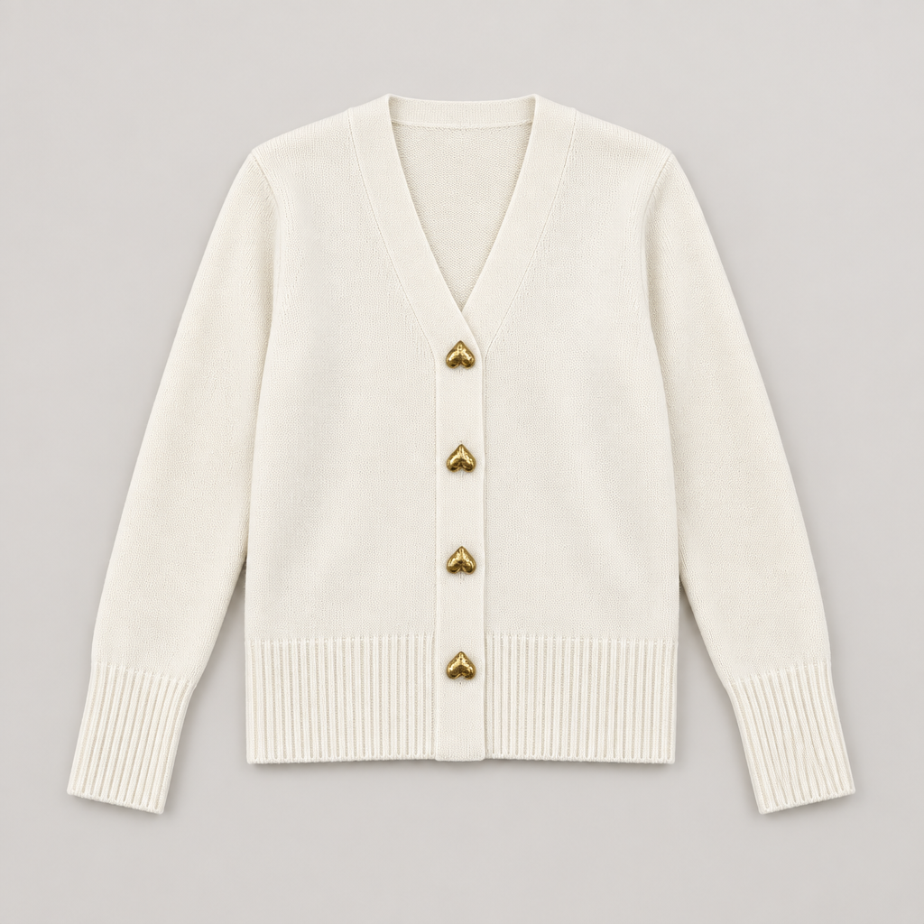 Ciara Beige heart-button cardigan flat lay