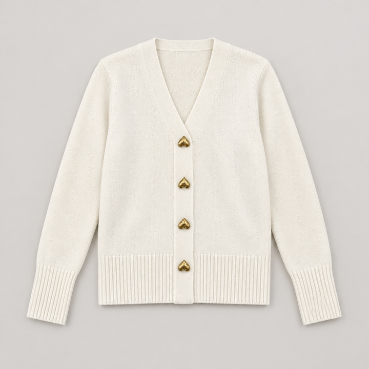 Ciara Beige heart-button cardigan flat lay